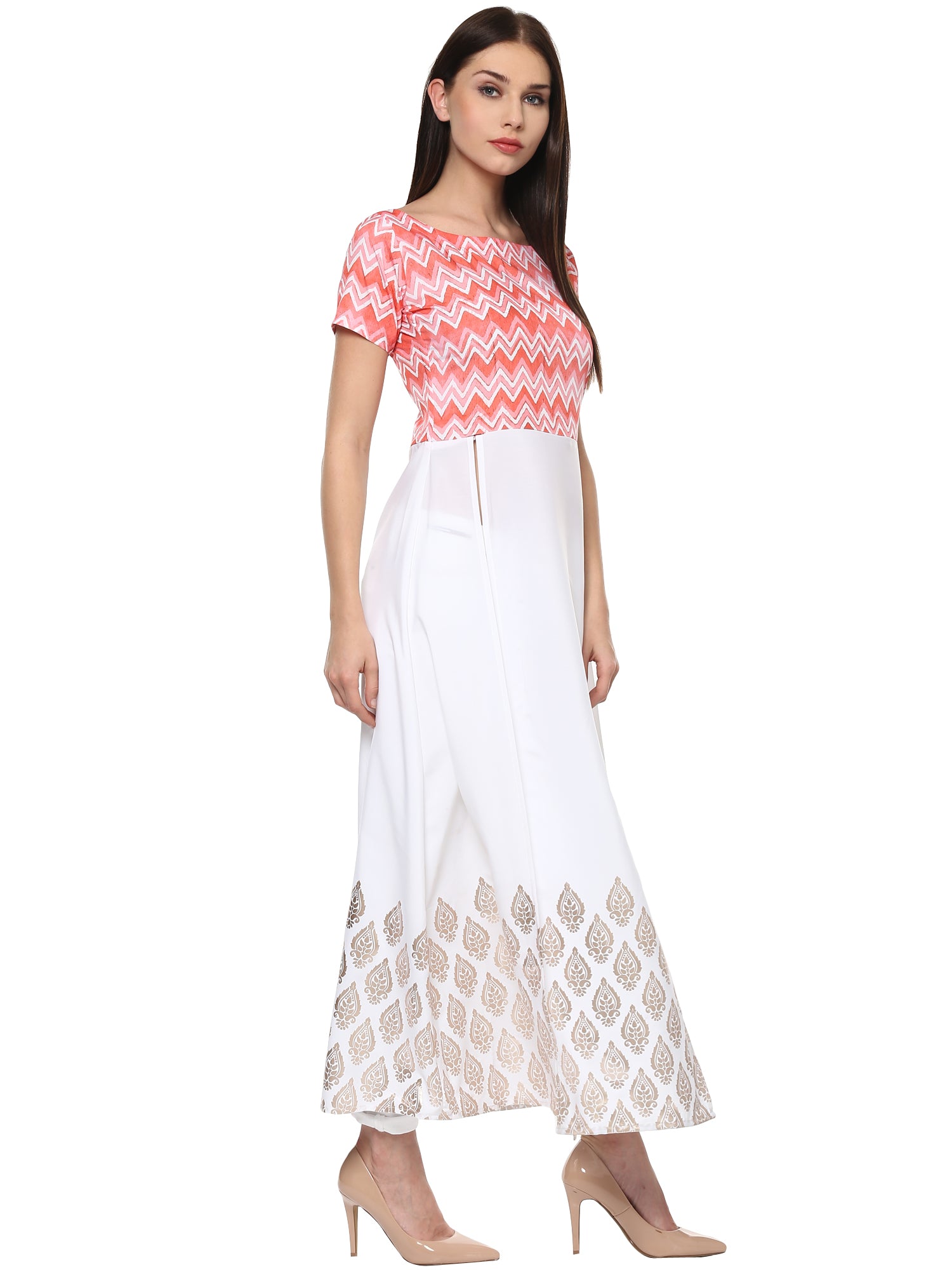 Women's Pink & White Only Kurti Gown Indo Western Top - Ahalyaa