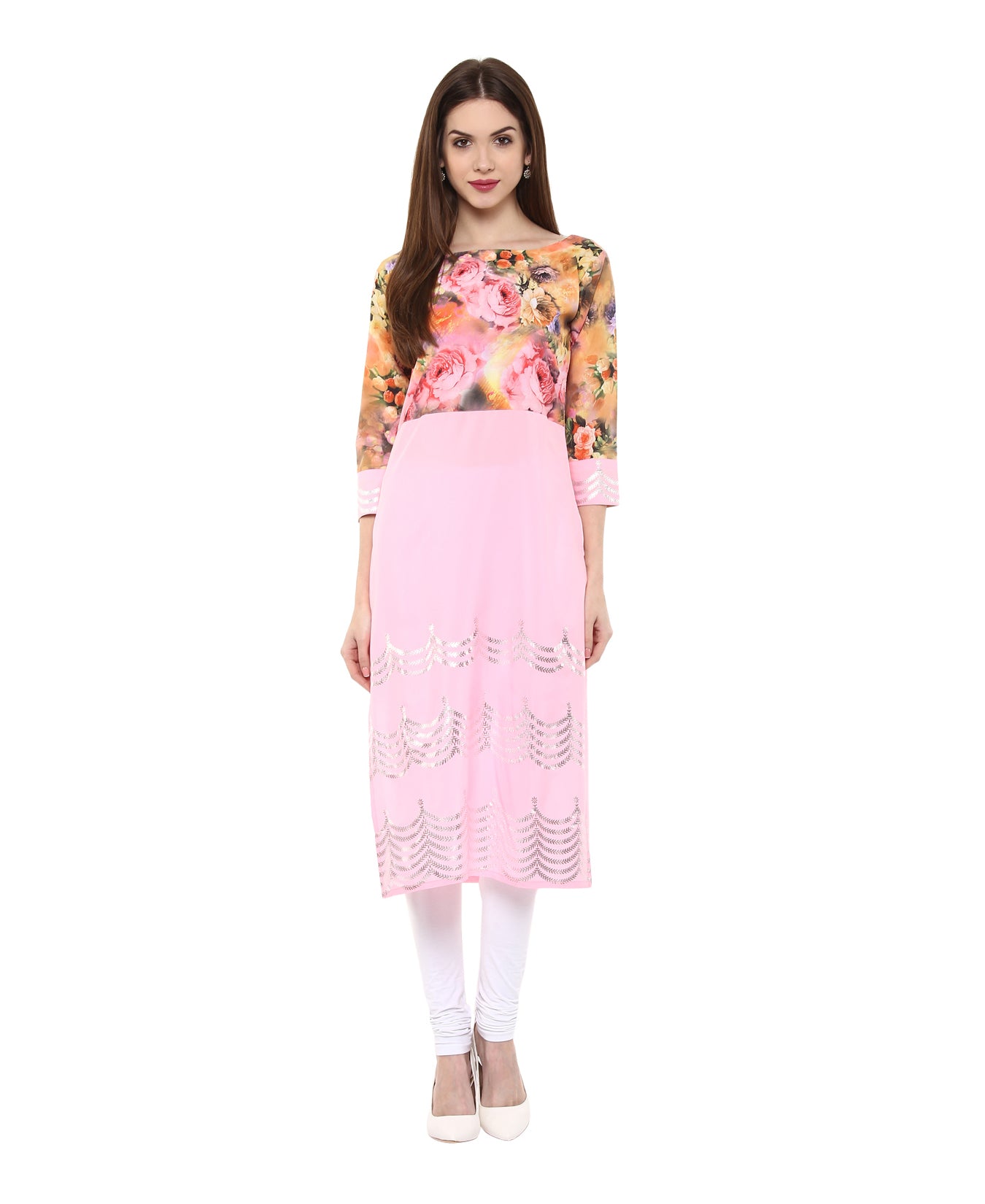 Women's Pink Floral And Metallic Printed Partywear Only Kurti - Ahalyaa