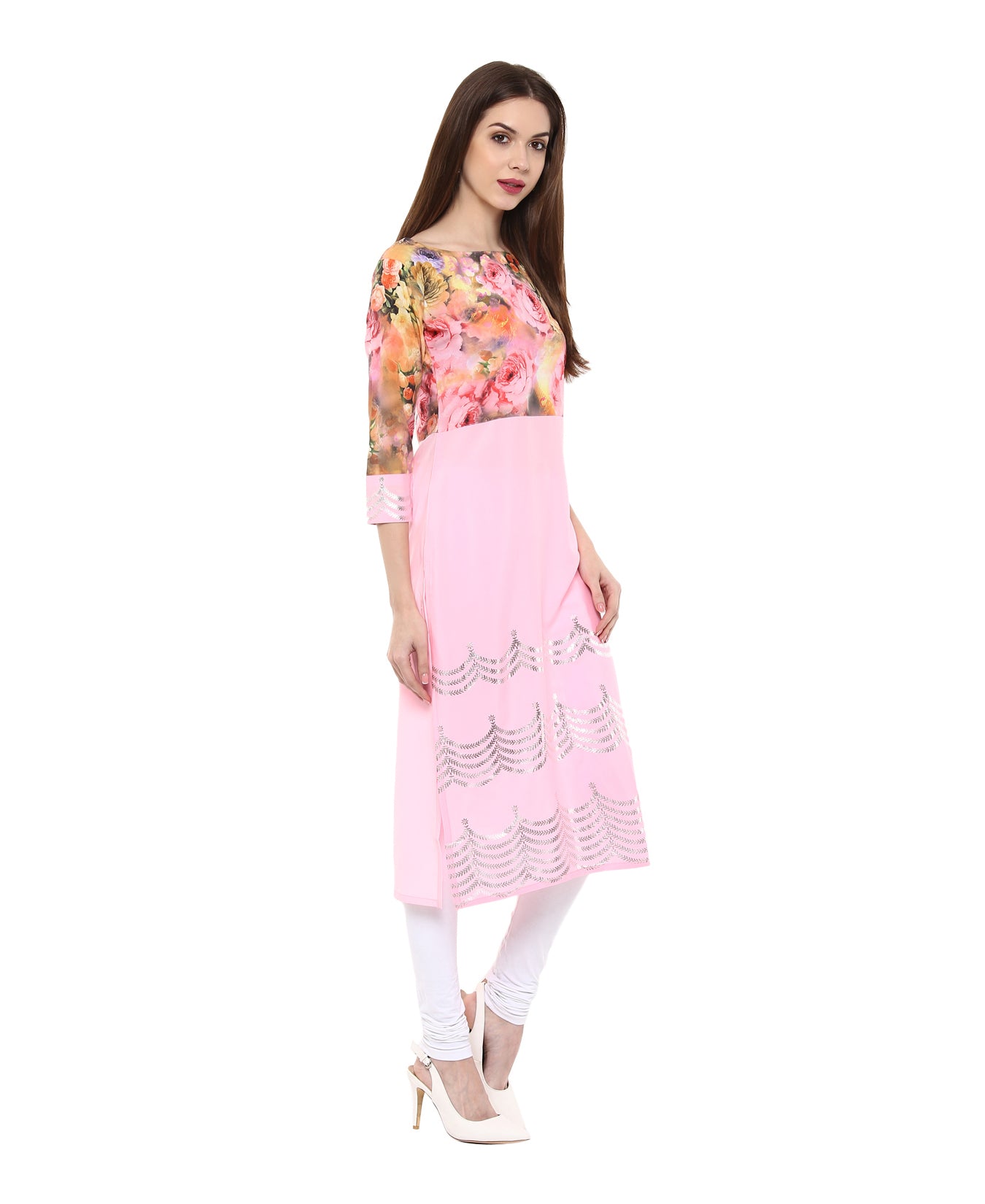 Women's Pink Floral And Metallic Printed Partywear Only Kurti - Ahalyaa
