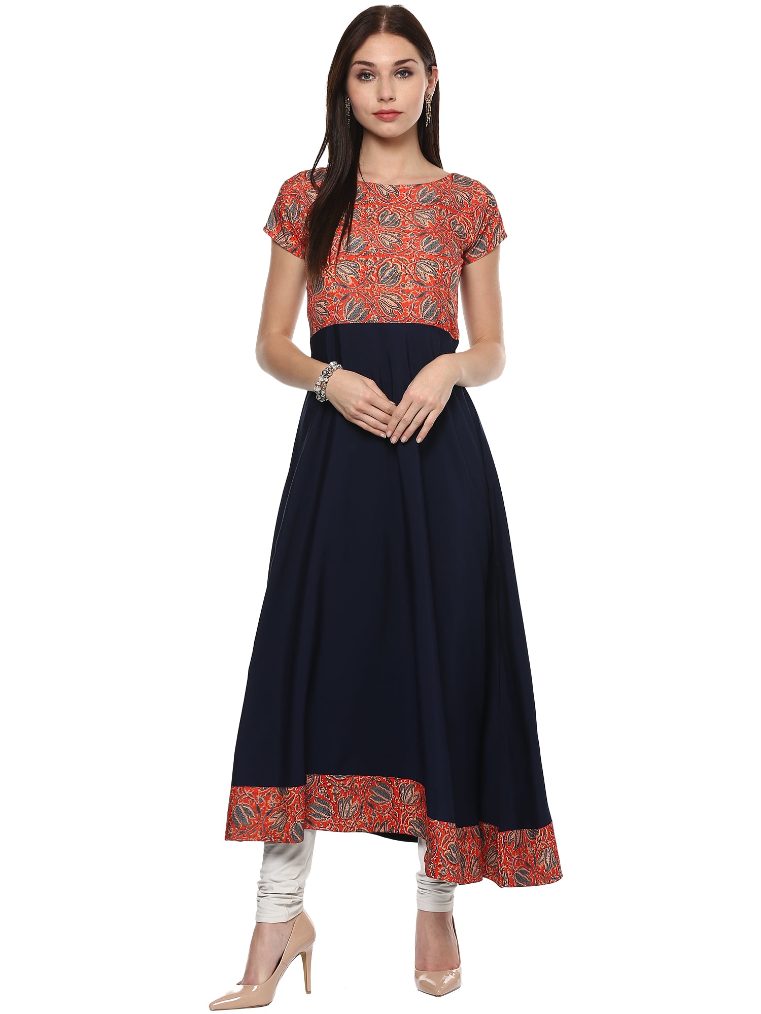 Women's Red & Navy A-Line Faux Crepe Only Kurti - Ahalyaa