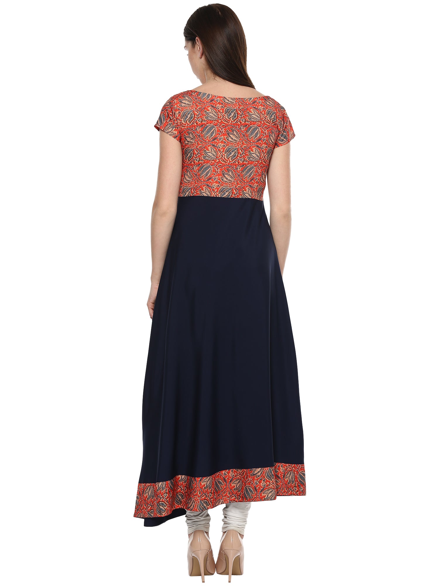Women's Red & Navy A-Line Faux Crepe Only Kurti - Ahalyaa