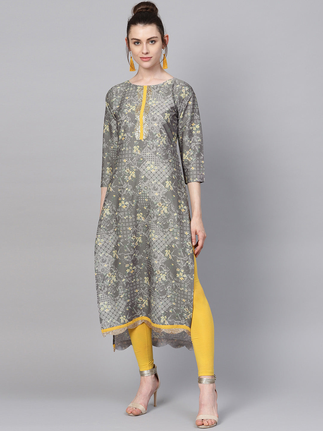 Women's Grey & Yellow Print Straight Only Kurta - Ahalyaa