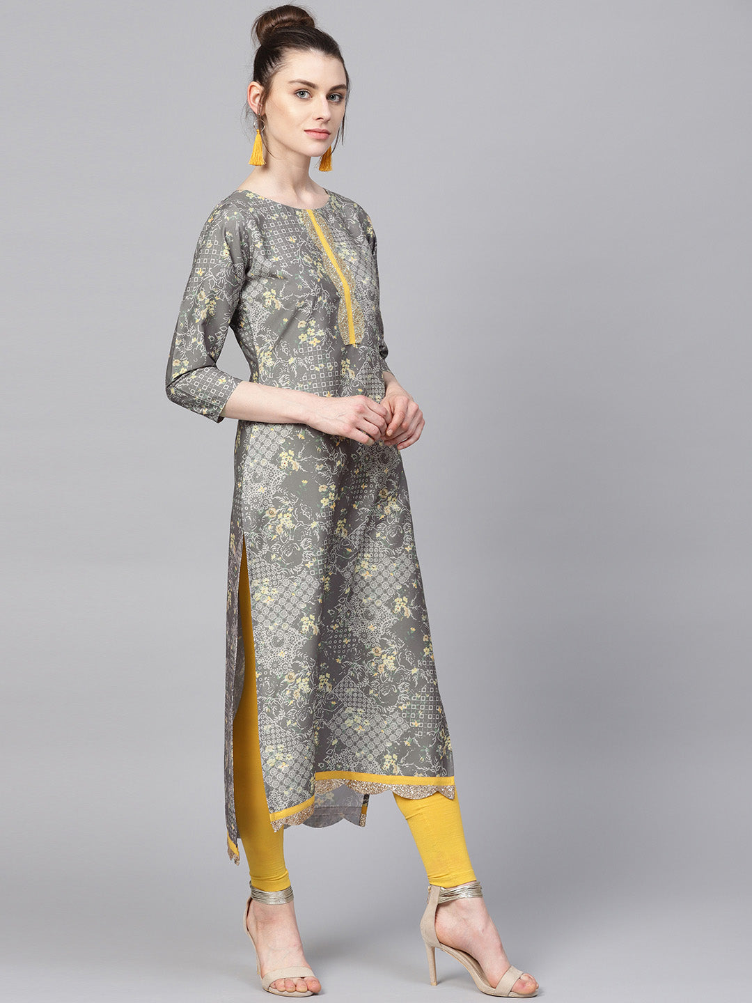 Women's Grey & Yellow Print Straight Only Kurta - Ahalyaa