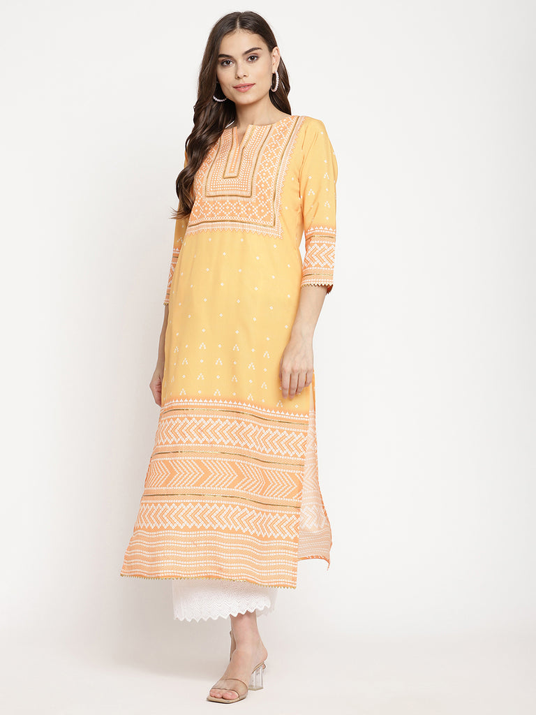 Women's Light Orange Crepe Digital Print Kurt