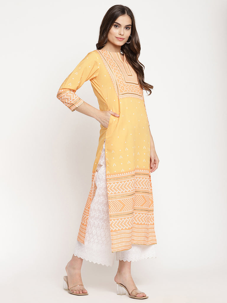 Women's Light Orange Crepe Digital Print Kurt