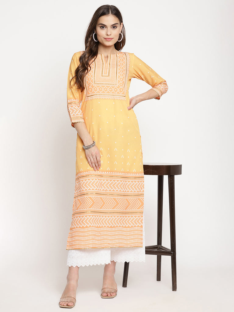 Women's Light Orange Crepe Digital Print Kurt