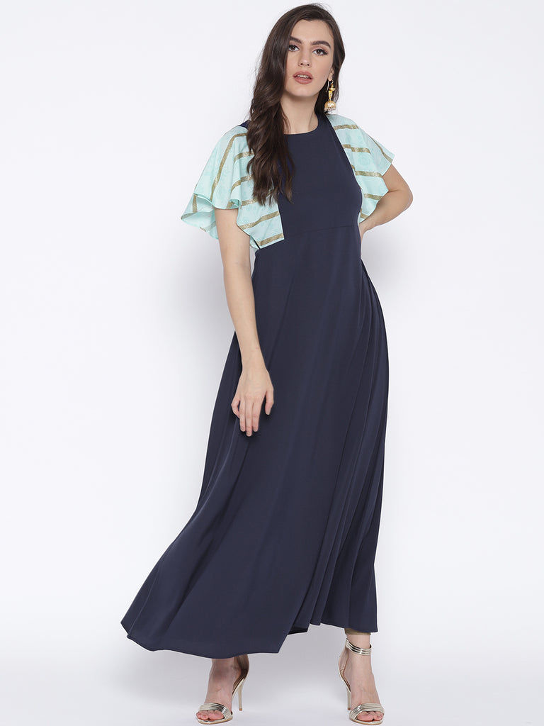 Women's Navy Blue & Light Blue Flared Sleeve Only Kurta Dress