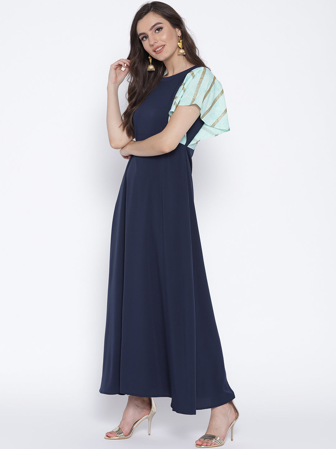 Women's Navy Blue & Light Blue Flared Sleeve Only Kurta Dress - Ahalyaa