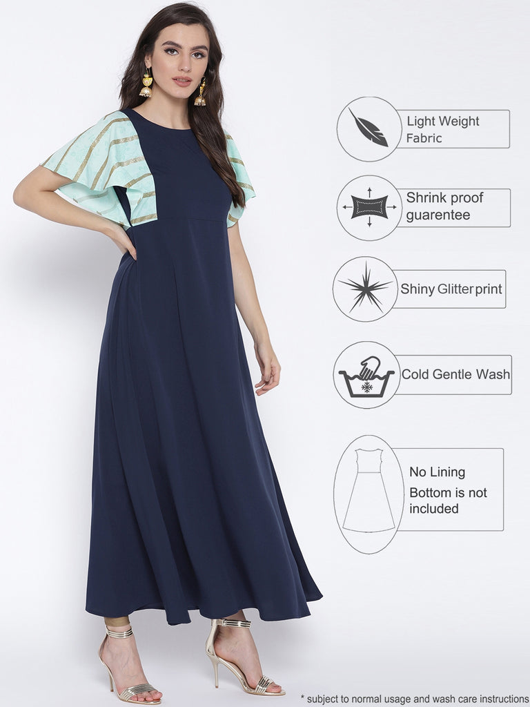 Women's Navy Blue & Light Blue Flared Sleeve Only Kurta Dress