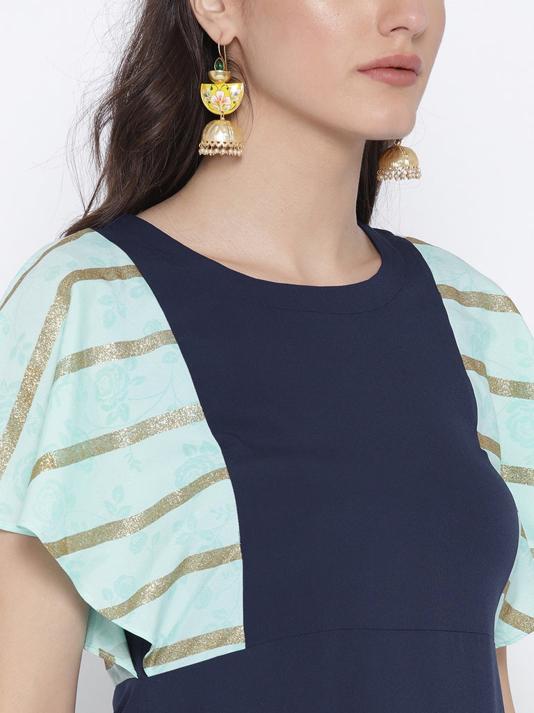 Women's Navy Blue & Light Blue Flared Sleeve Only Kurta Dress