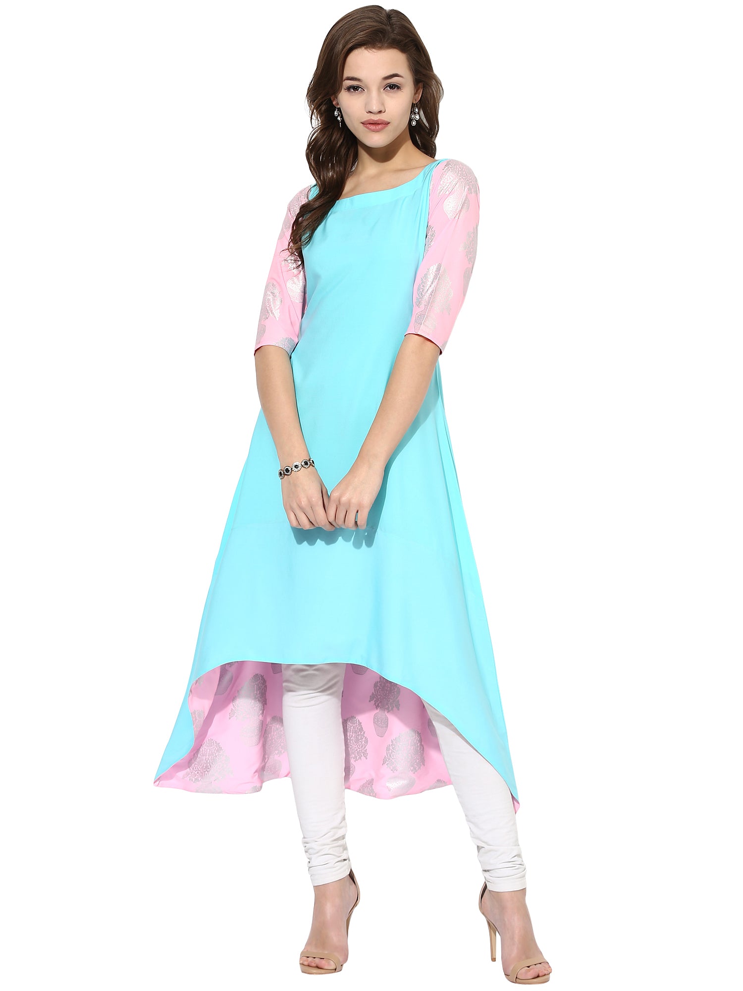 Women's Sky Blue Color Short Sleeve And Boat Neck Crepe Only Kurti - Ahalyaa