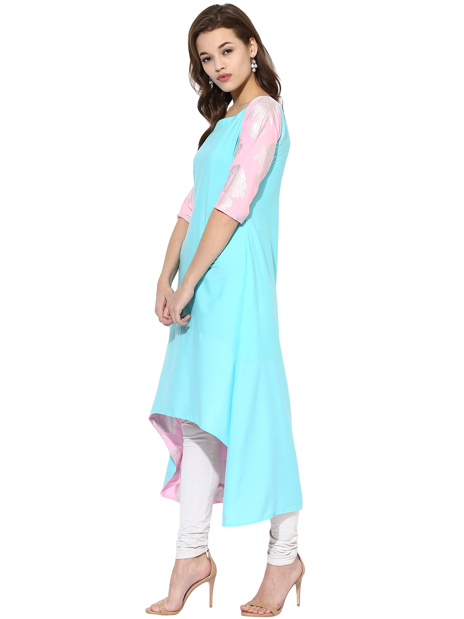 Women's Sky Blue Color Short Sleeve And Boat Neck Crepe Only Kurti - Ahalyaa