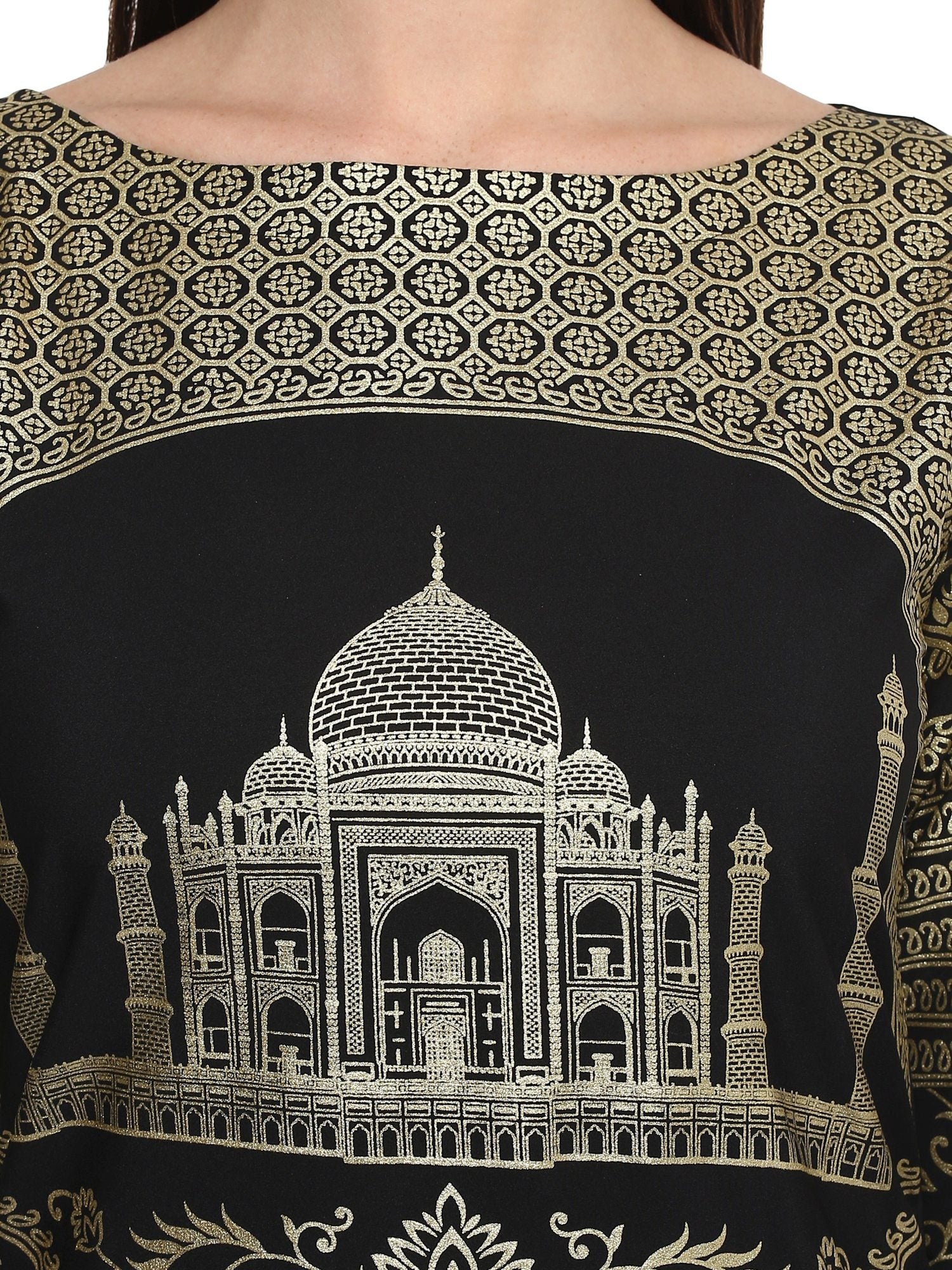 Women's Metallic Foil Print Taj Mahal Motif Faux Crepe Only Kurti - Ahalyaa