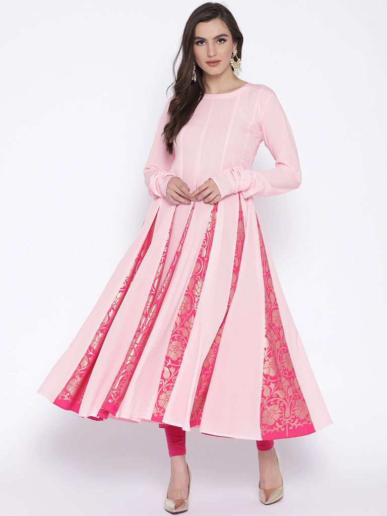 Women's Pink Crepe Printed Anarkali Kurt