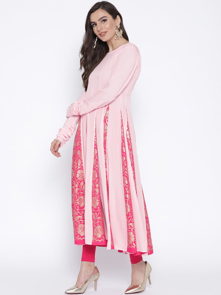 Women's Pink Crepe Printed Anarkali Kurt