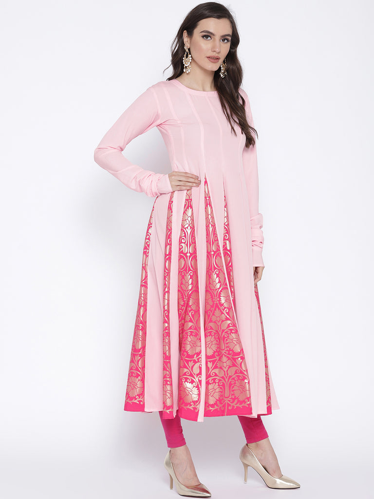 Women's Pink Crepe Printed Anarkali Kurt