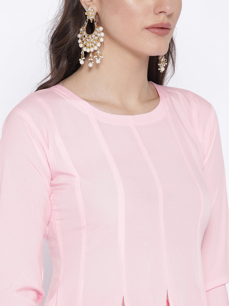 Women's Pink Crepe Printed Anarkali Kurt