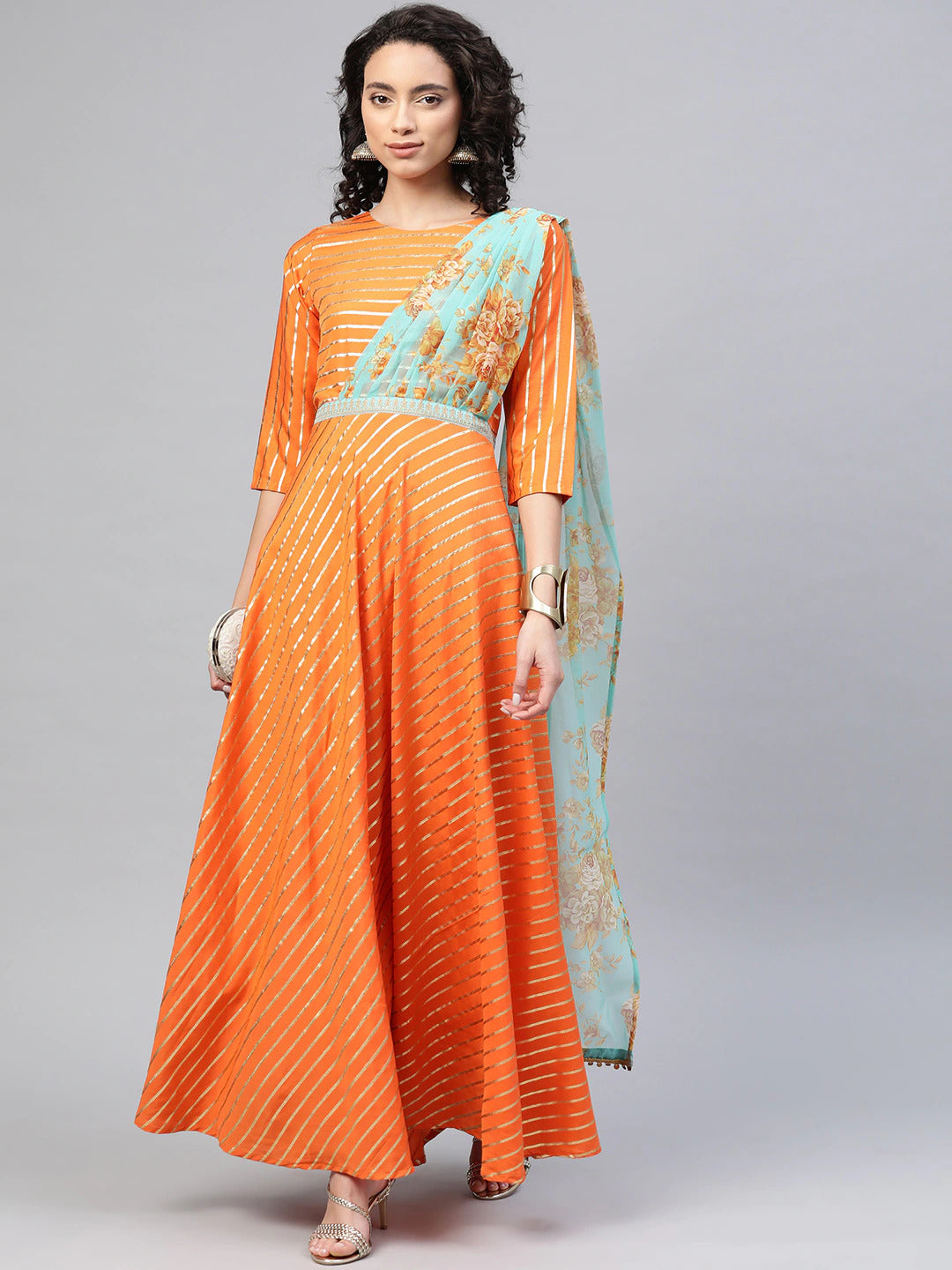 Women's Orange Anarkali Kurta With Attached Dupatta By Ahalyaa (1 Pc Set)