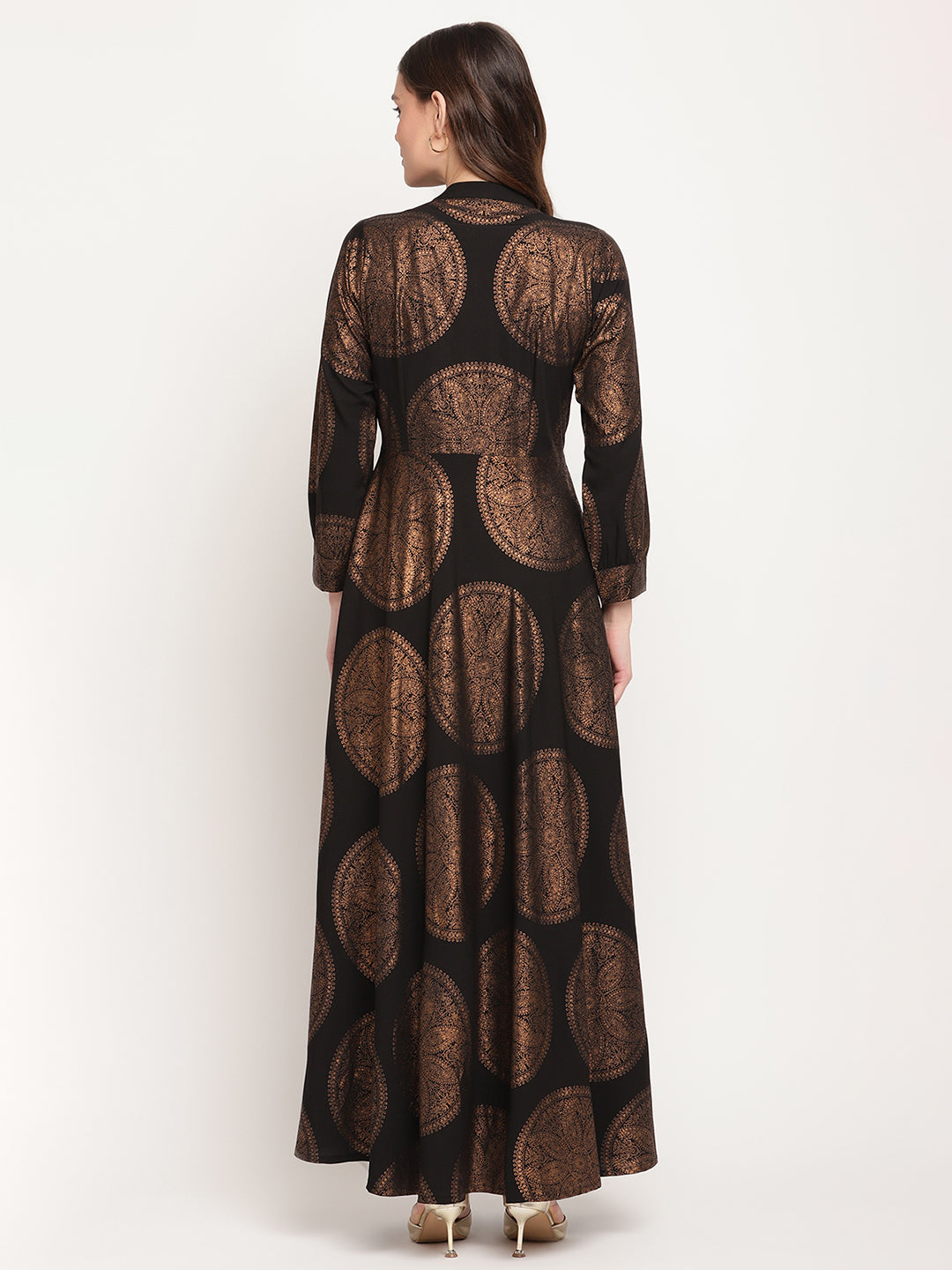 Women's Black Crepe Copper Foil Print Dress- Ahalyaa