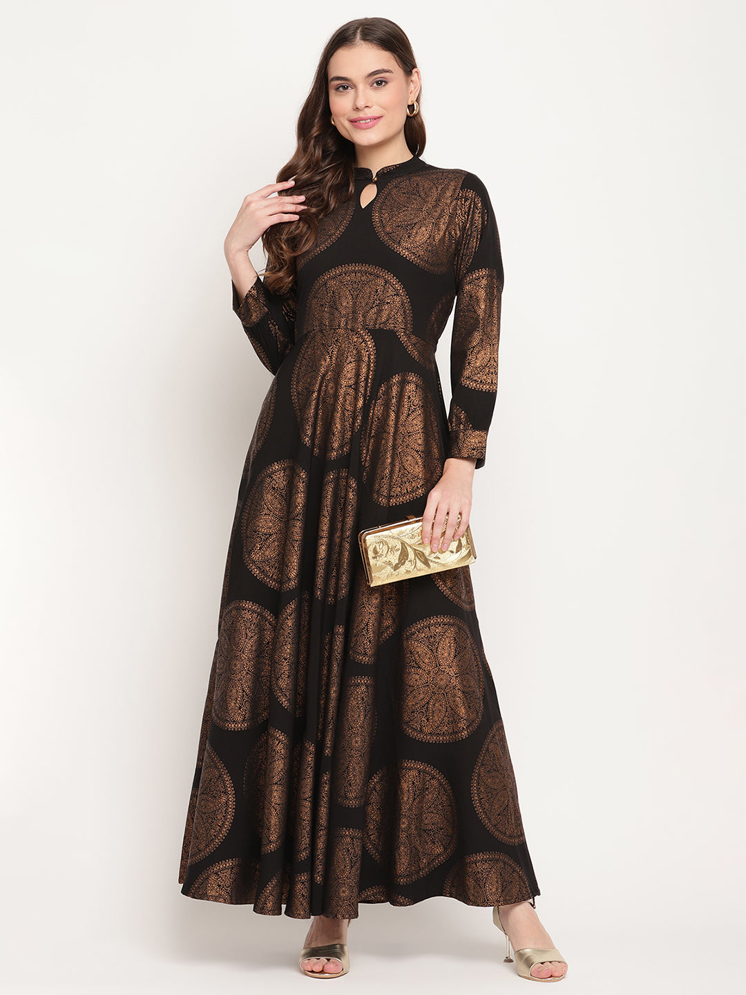 Women's Black Crepe Copper Foil Print Dress- Ahalyaa