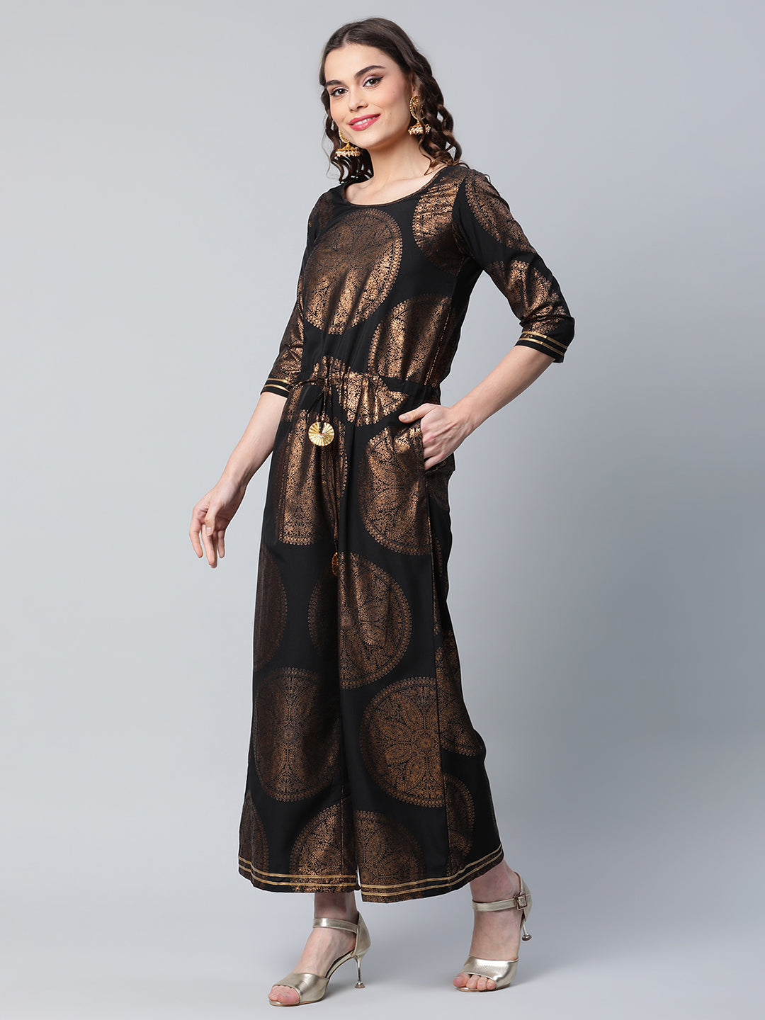 Women's Black Crepe Copper Foil Printed Jumpsuit - Ahalyaa