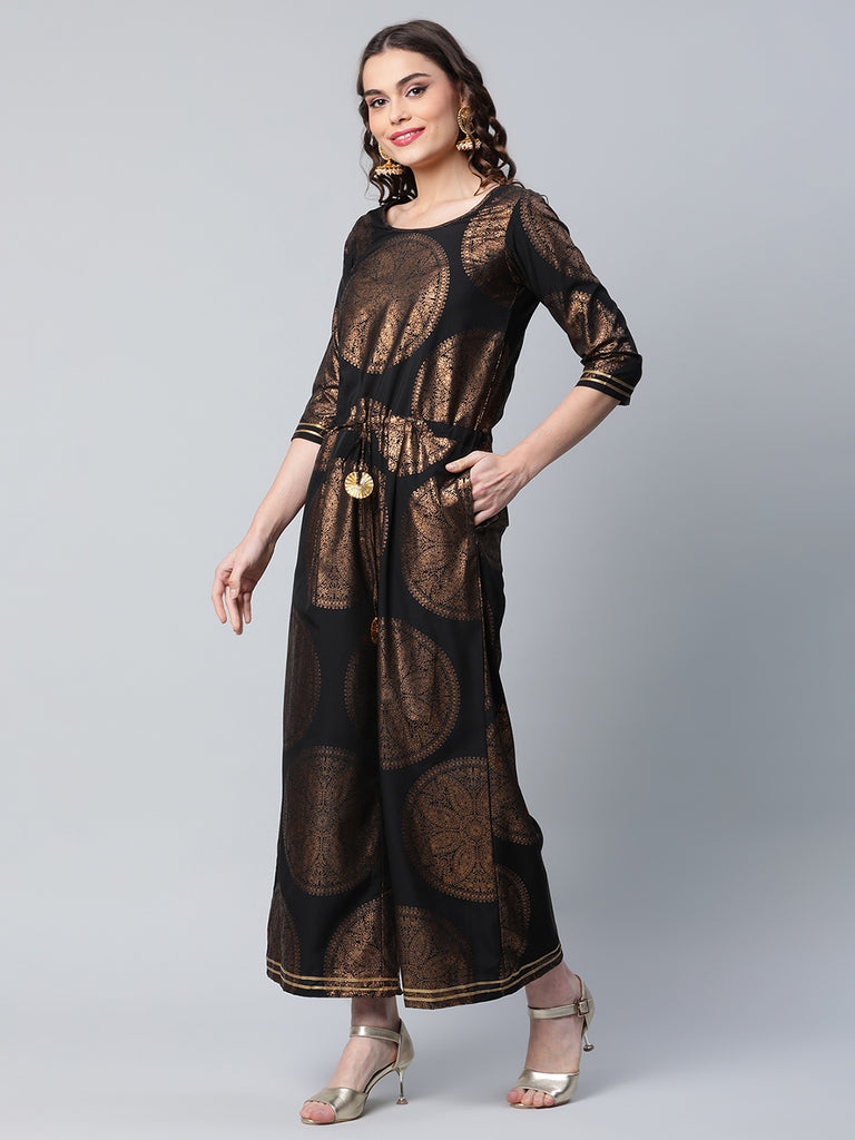 Women's Black Crepe Copper Foil Printed Jumpsuit