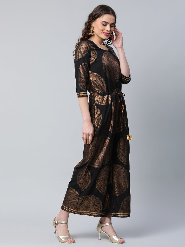 Women's Black Crepe Copper Foil Printed Jumpsuit