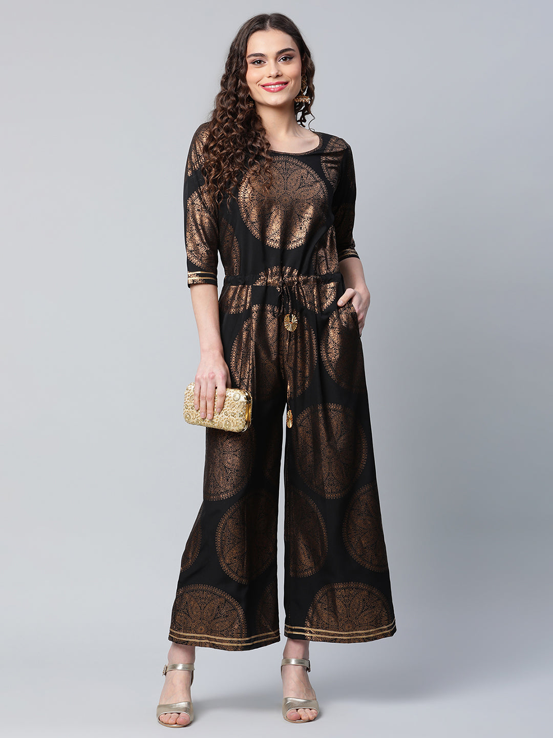 Women's Black Crepe Copper Foil Printed Jumpsuit - Ahalyaa