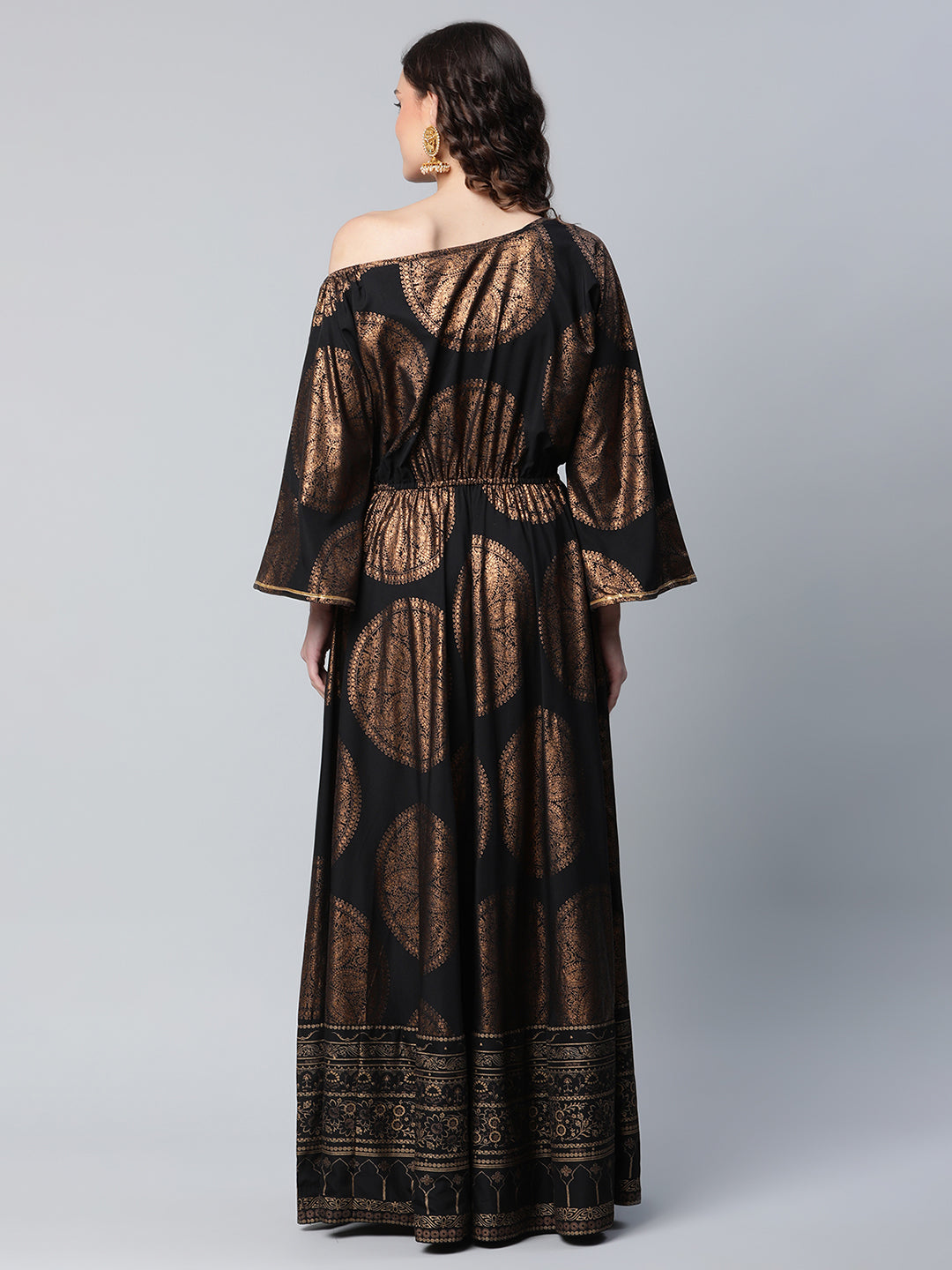 Women's Black Crepe Copper Foil Printed Maxi Dress - Ahalyaa