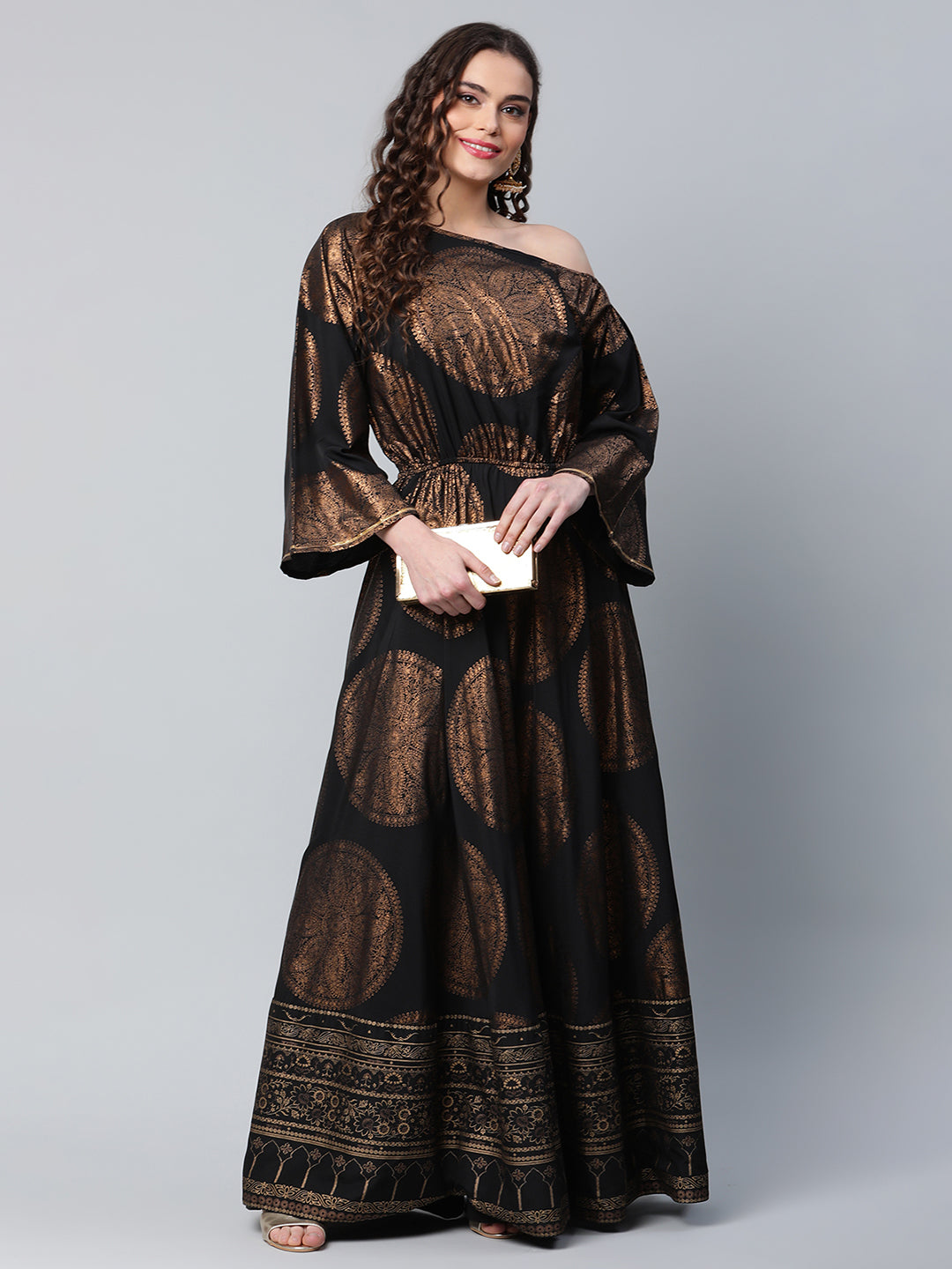 Women's Black Crepe Copper Foil Printed Maxi Dress - Ahalyaa