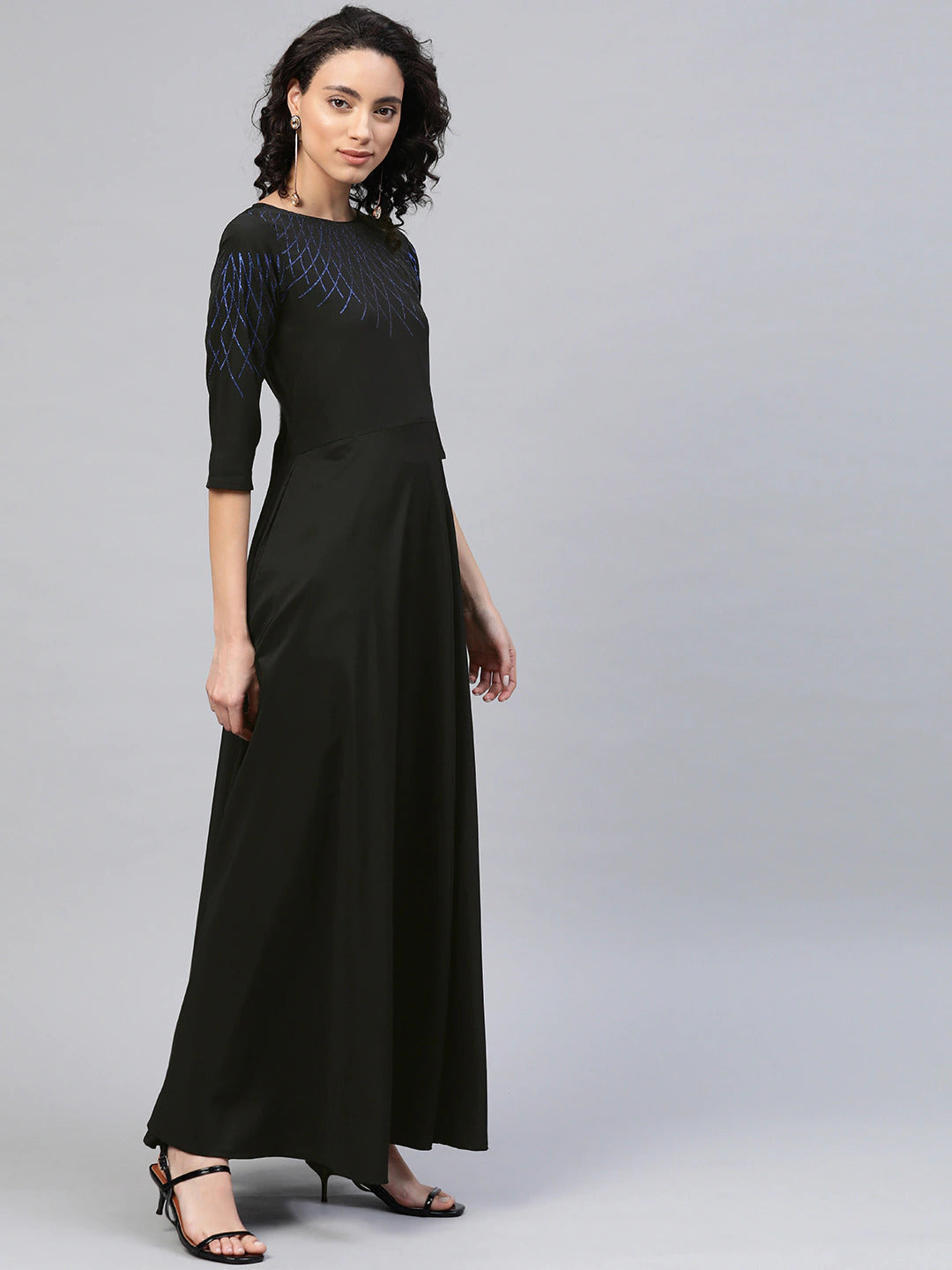 Women's Black Crepe Printed Dress- Ahalyaa
