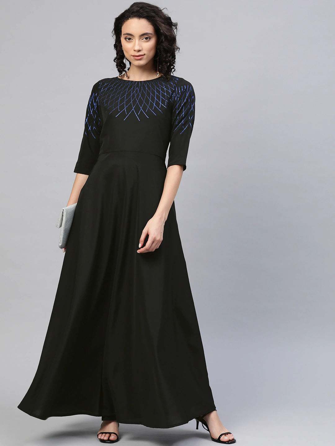 Women's Black Crepe Printed Dress- Ahalyaa
