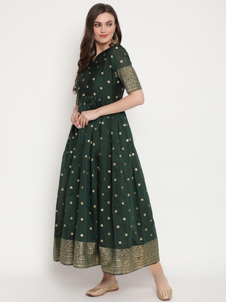 Women's Dark Green Chanderi Polka Dot Printed Kurt