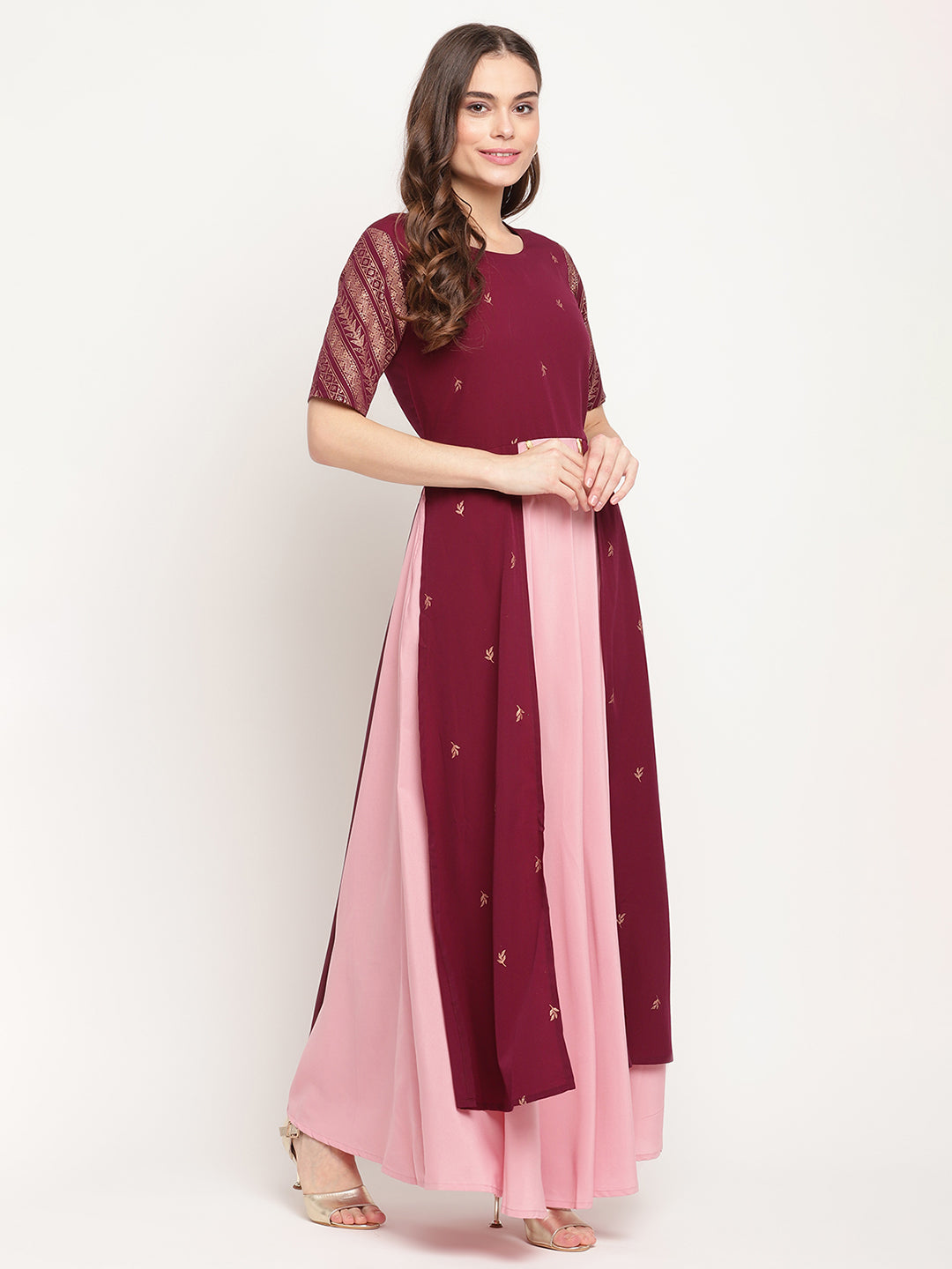 Women's Wine Crepe Glitter Print Dress- Ahalyaa