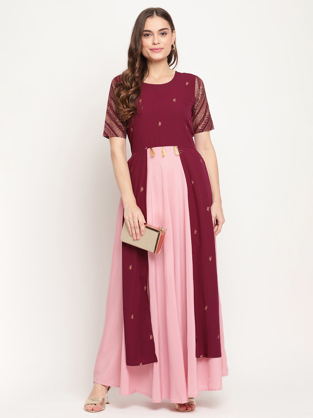 Women's Wine Crepe Glitter Print Dress- Ahalyaa