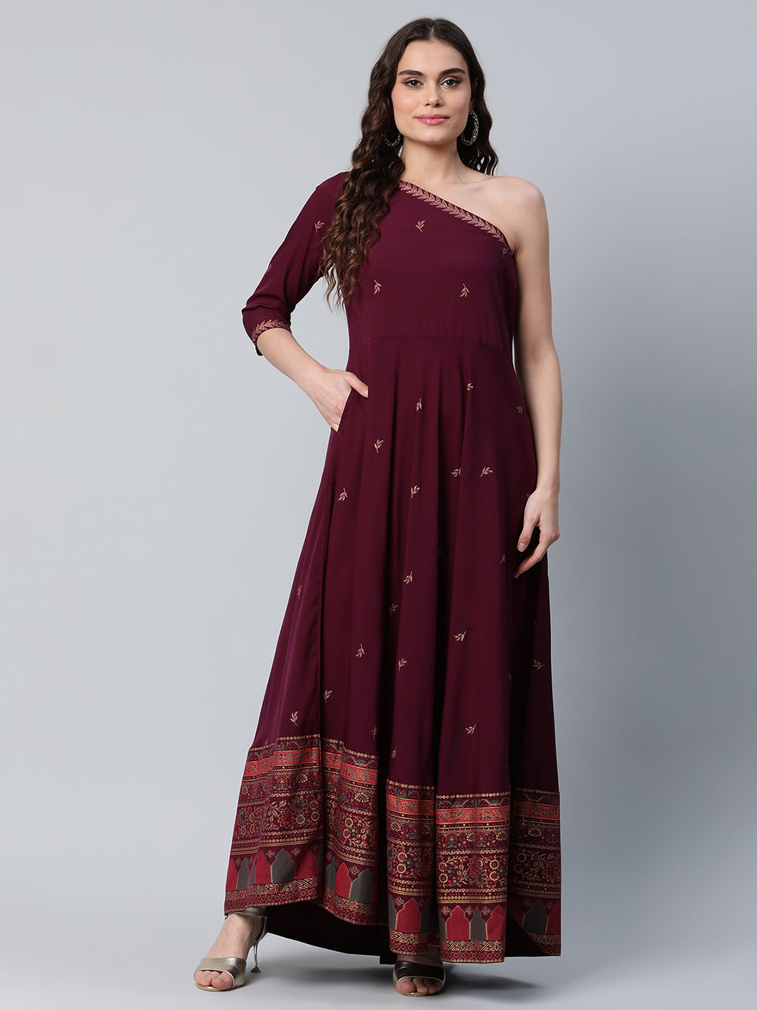 Women's Burgundy & Gold-Toned Ethnic Motifs One Shoulder Ethnic Maxi Dress - Ahalyaa