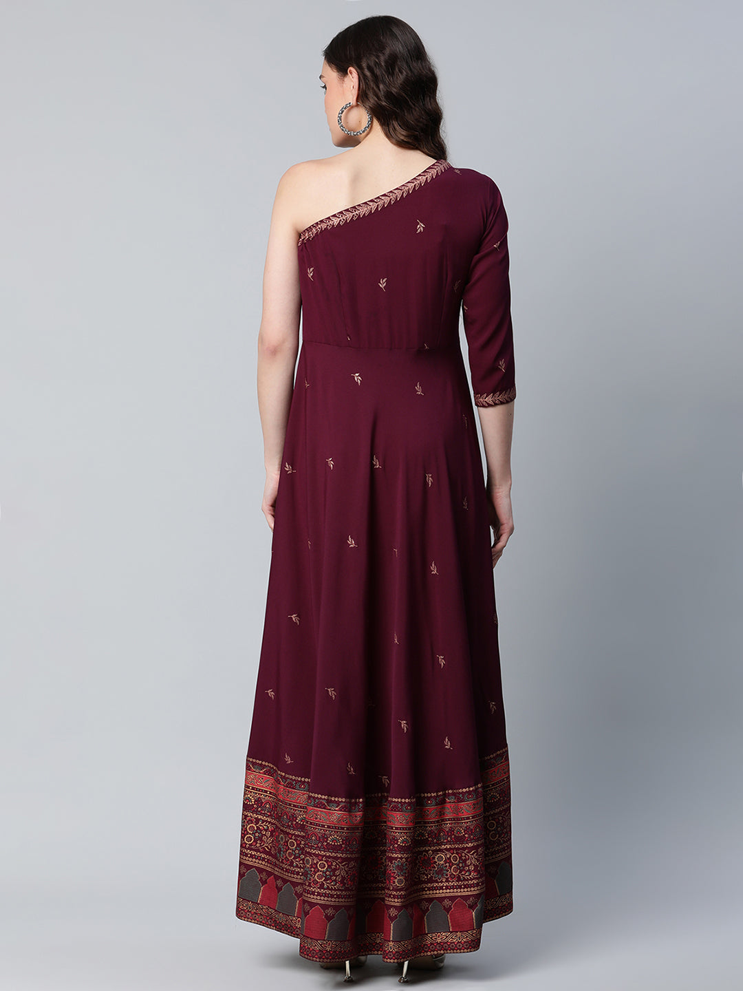 Women's Burgundy & Gold-Toned Ethnic Motifs One Shoulder Ethnic Maxi Dress - Ahalyaa