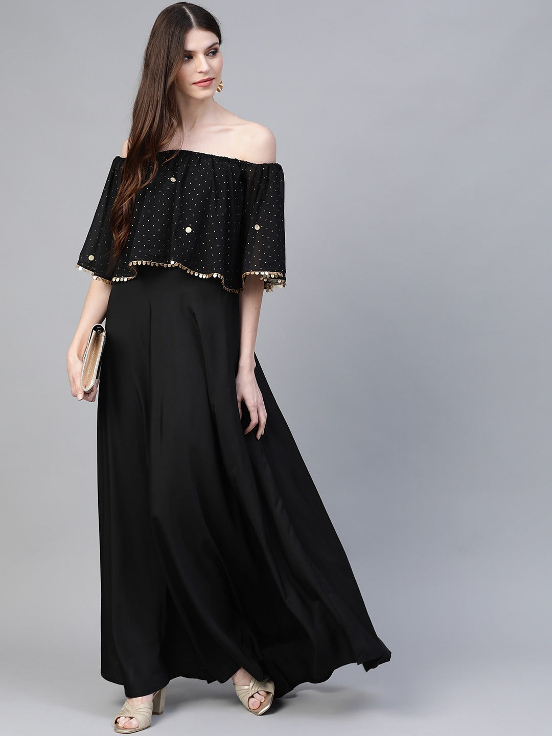 Women's Black Crepe Off Shoulder Gown - Ahalyaa