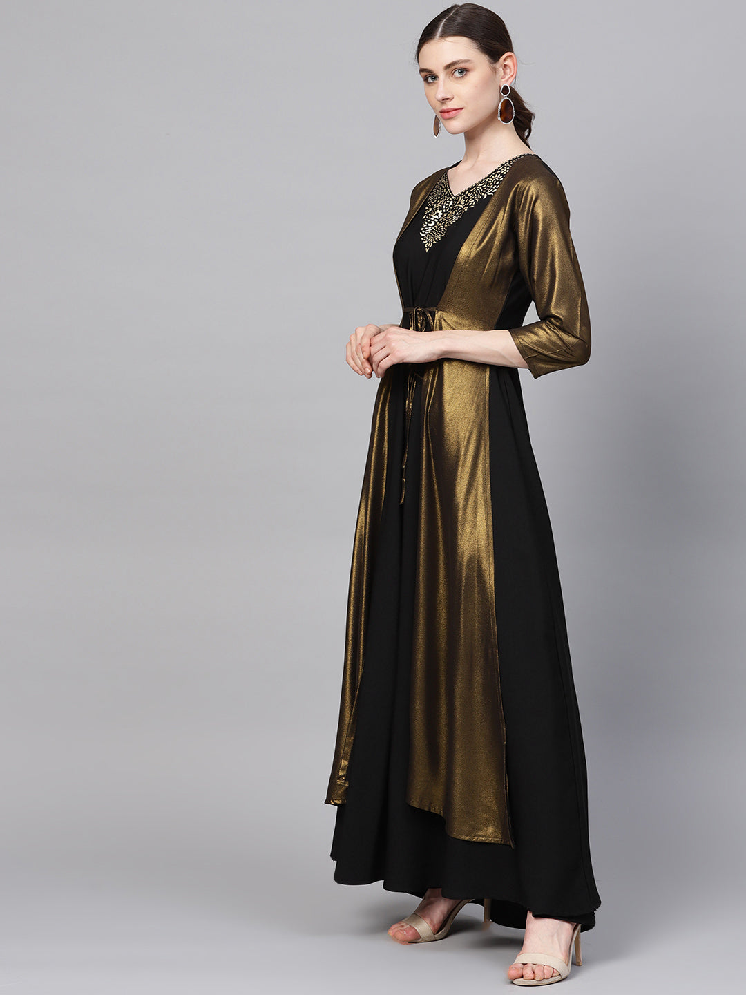 Women's Black Crepe Dress With Attached Jacket - Ahalyaa