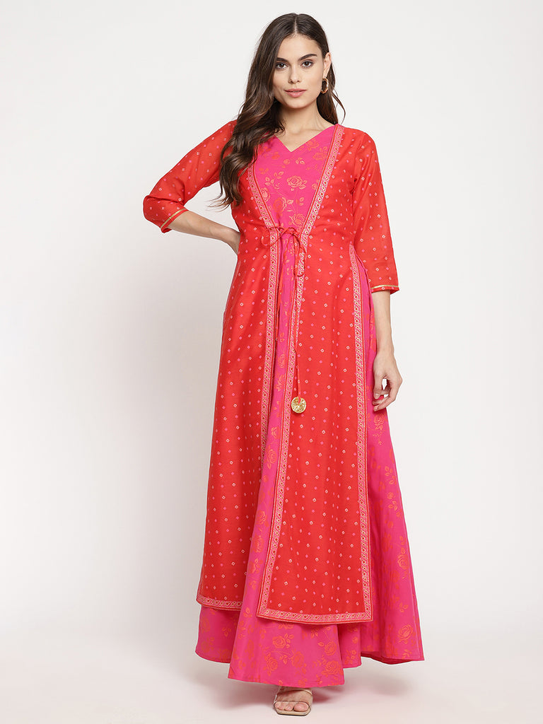 Women's Dark Pink Crepe Khari Print Dres