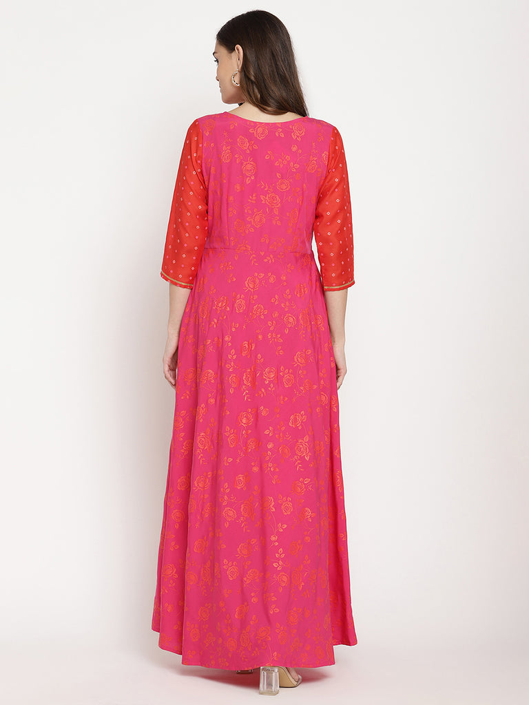 Women's Dark Pink Crepe Khari Print Dres