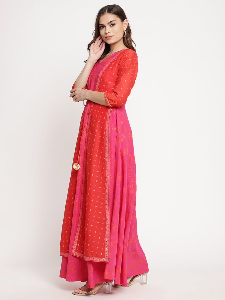 Women's Dark Pink Crepe Khari Print Dres