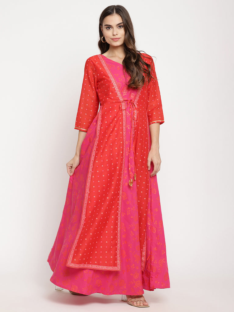 Women's Dark Pink Crepe Khari Print Dres