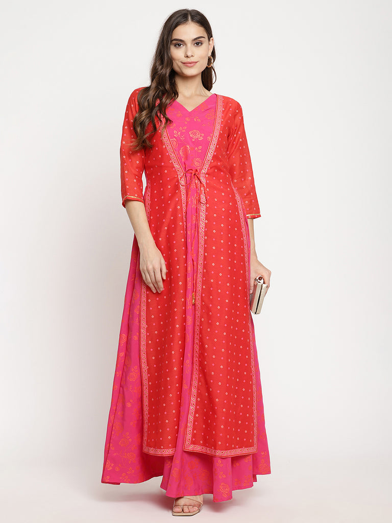 Women's Dark Pink Crepe Khari Print Dres