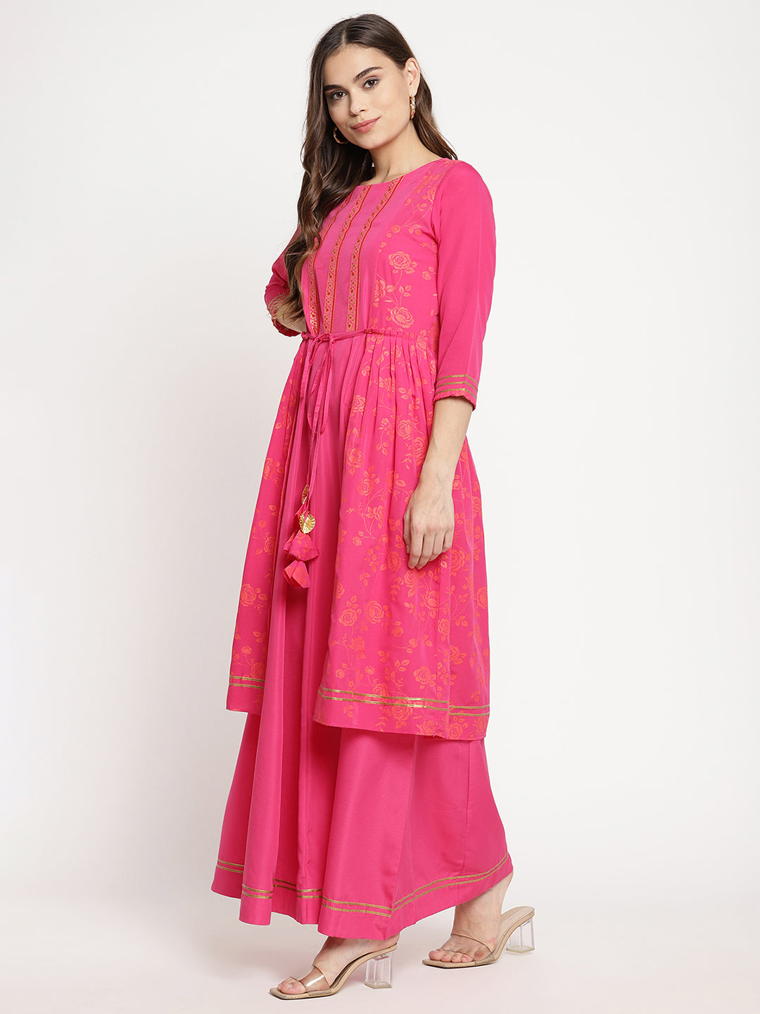 Women's Dark Pink Crepe Khari Print Dress- Ahalyaa