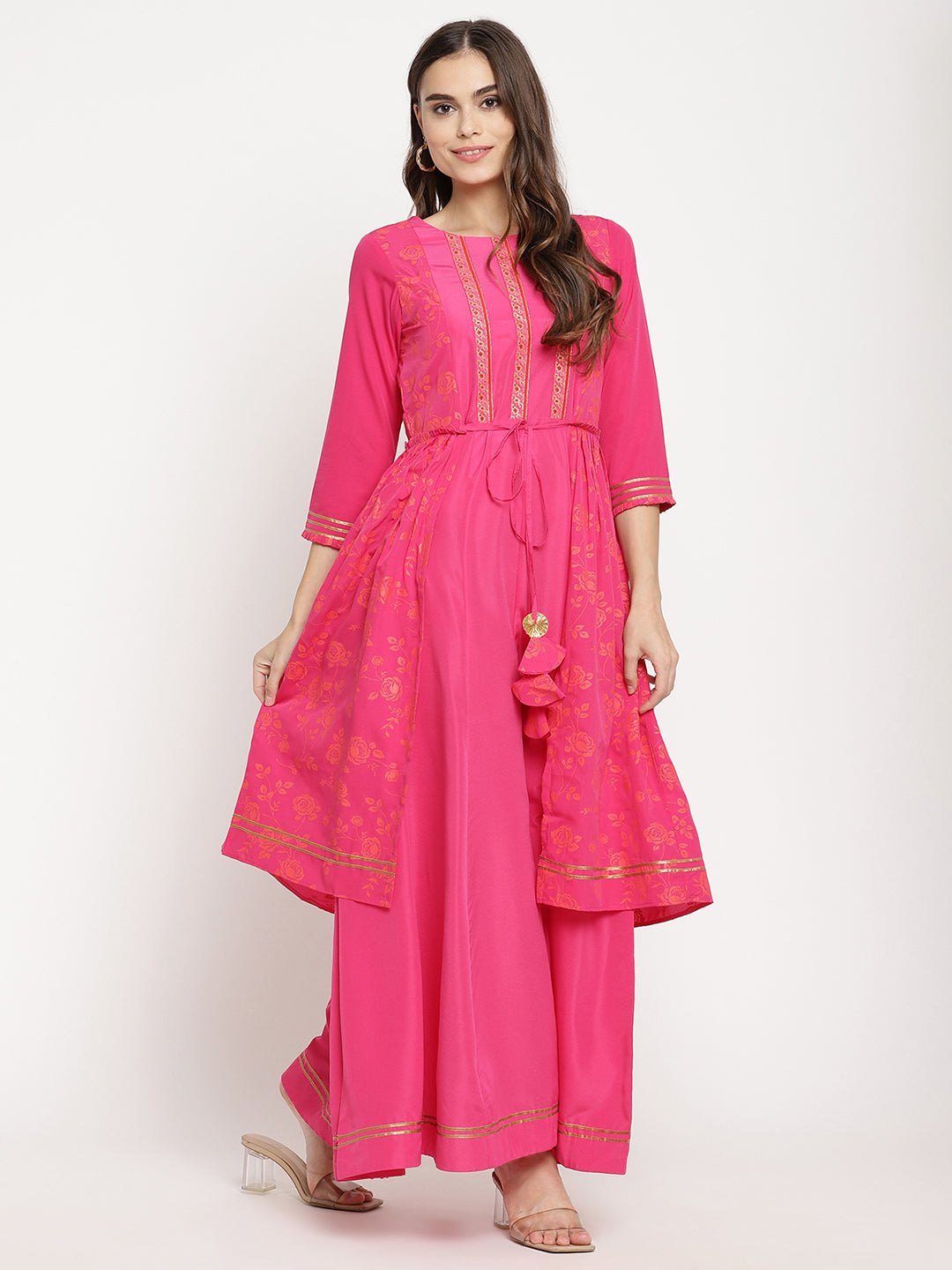 Women's Dark Pink Crepe Khari Print Dress- Ahalyaa