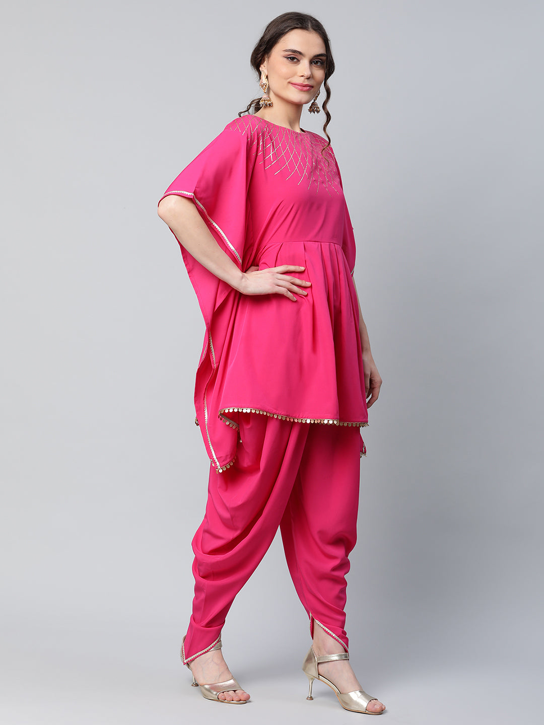 Women's Pink Crepe Glitter Printed Kurta With Dhoti Pants - Ahalyaa
