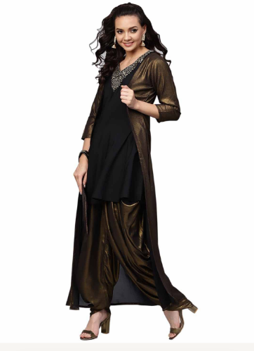 Women's Black Crepe A Line Kurta Sets With Dhoti