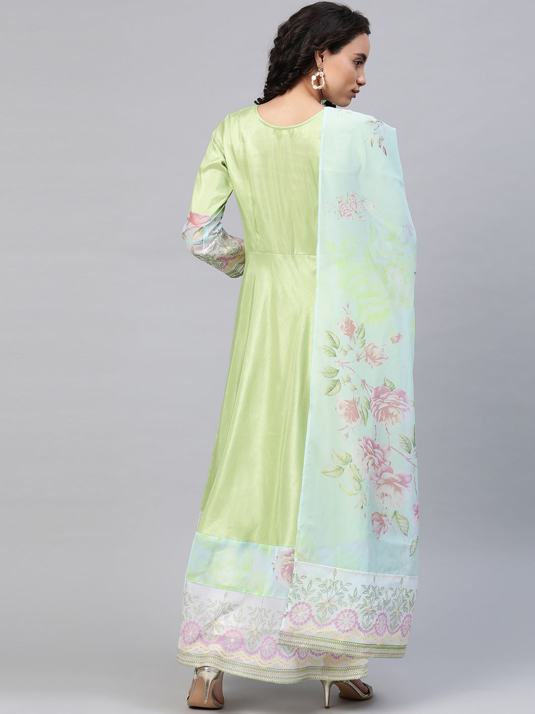 Women's Light Green Poly Silk Printed Kurta With Dupatta- Ahalyaa