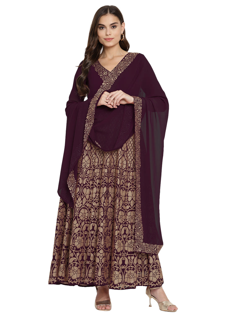 Women's Wine Georgette Gold Foil Print Flared Kurta With Dupatt